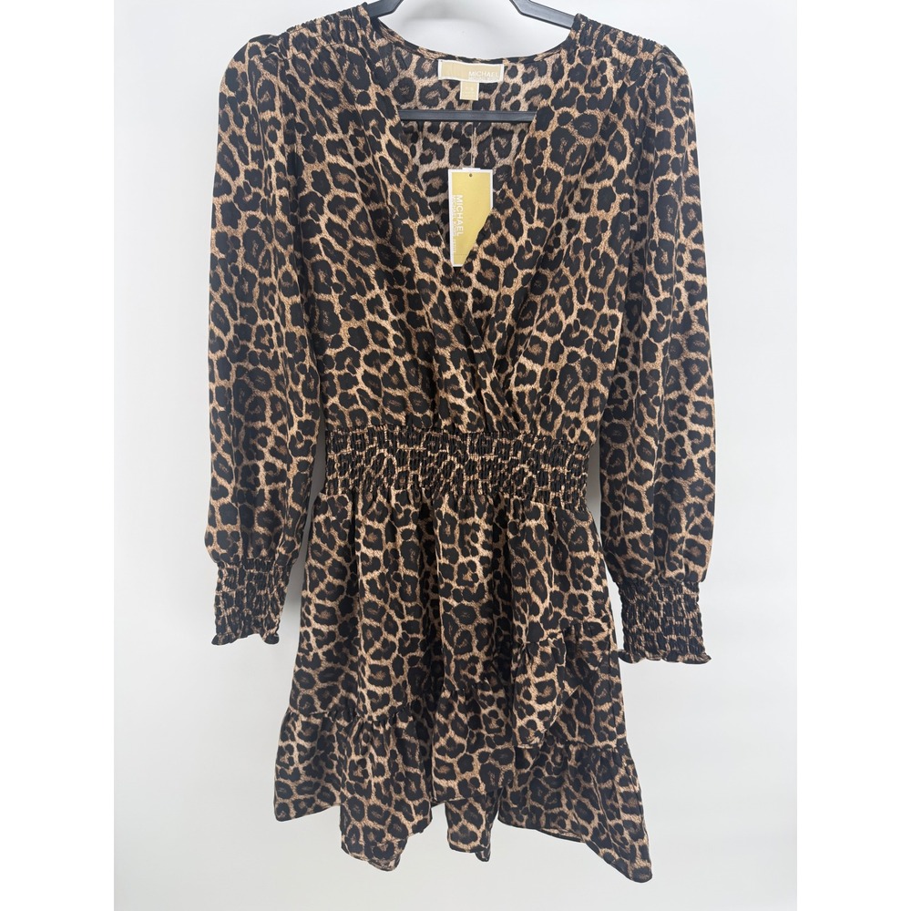 Michael Michael Kors Julia Leopard Print Smocked Mini Dress Dark Camel P/S NEW